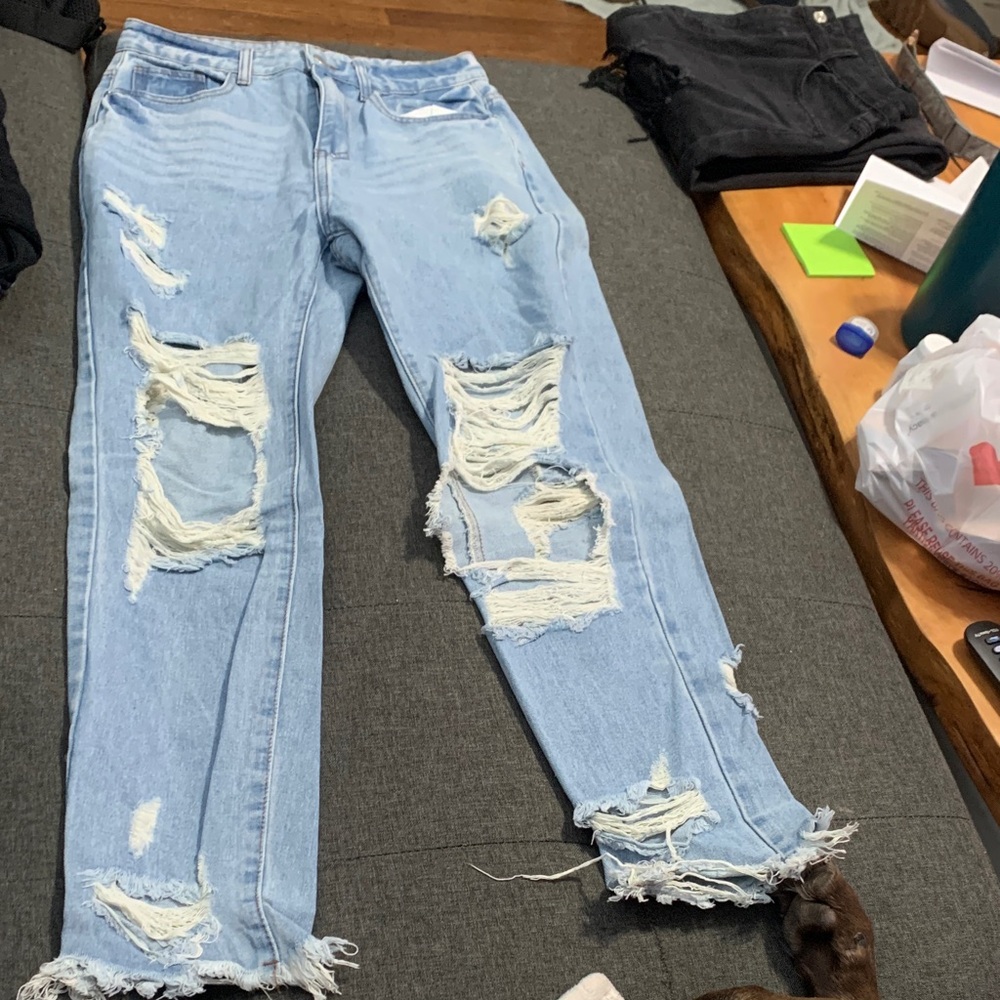 SHEIN Light Blue Distressed Boyfriend Jeans